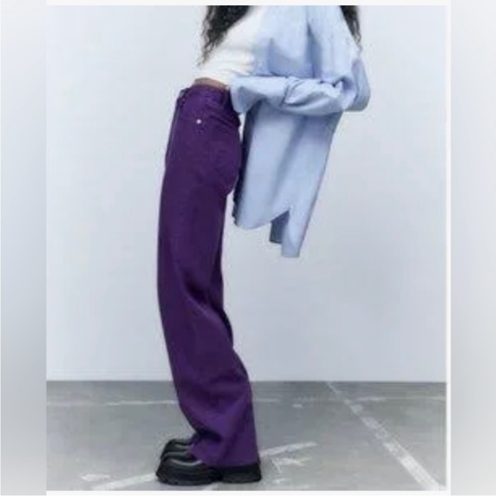 NWT ZARA HIGH RISE WIDE LEG DISTRESSED HEM JEANS PURPLE SIZE 12